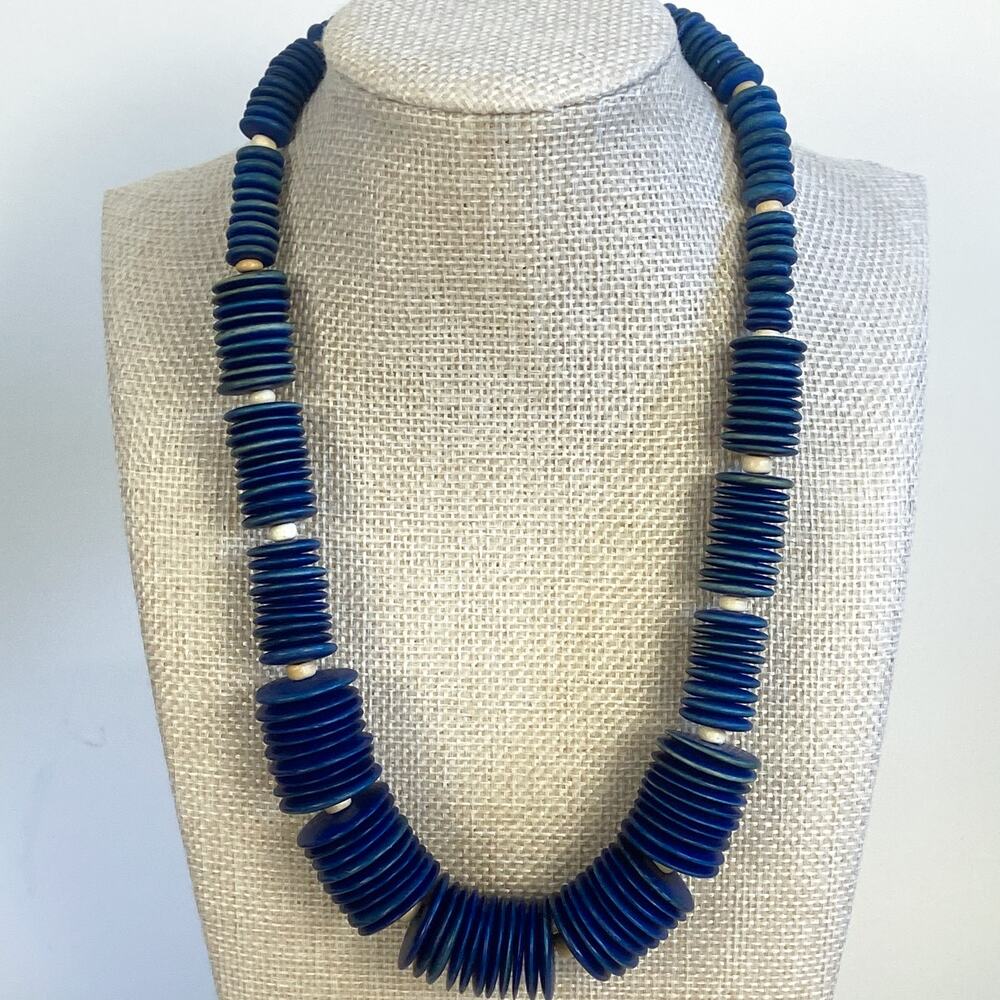 Vintage Deep Blue Disc Bead Necklace by Vintage